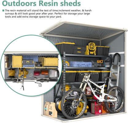 Aoxun Outdoor Storage Shed 5 x 3FT, Resin Shed with Floor and Lockable Door, Plastic Sheds for Garbage Can, Tool, Accessories, Lawn, Garden - Grey