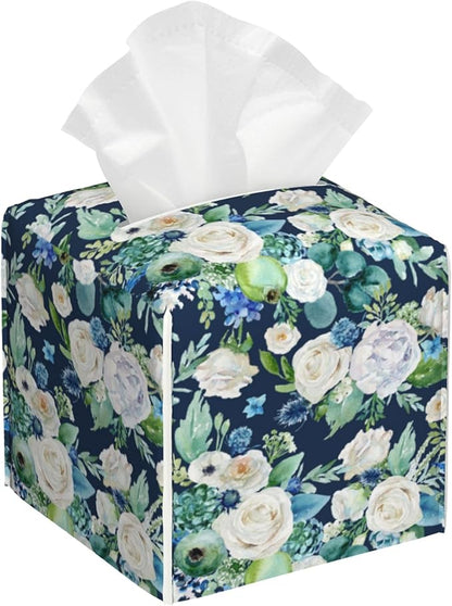 BLYKVGHQ Botanical Leaves Square Tissue Box Cover Watercolor Flowers Tissue Box Holder Facial Cube Paper Dispenser Leather Decorative Organizer Home Office Desk Decor, 5.2"x5.2"x5.2"