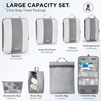 8 Set Compression Packing Cubes for Travel Essentials,Compressible Expandable Packing Cubes for Suitcase,OlarHike Luggage Organizer Bags for Travel,Handy Helper for Organizing Clothes(Gray)