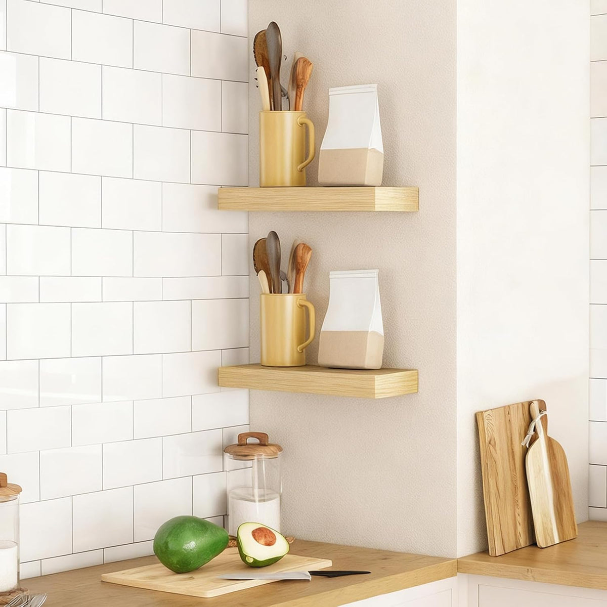 HOOBRO Floating Shelves for Wall, Wall Mounted Shelf Set of 2, 15.7" Hanging Shelf with Invisible Brackets, for Wall in Bathroom, Bedroom, Toilet, Kitchen, Living Room, Office, Natural NL40BJ01