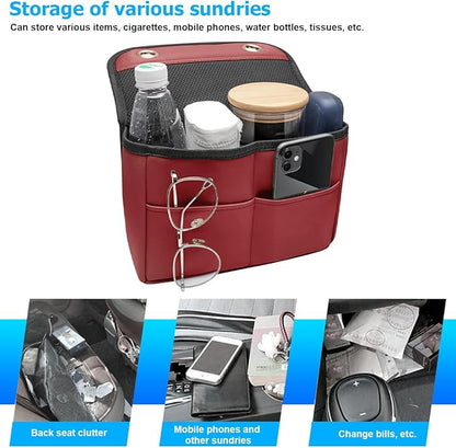 Car Seat Back Organizer, Multipurpose Leather Vehicle Backseat Hanging Bag Holder with Pockets, Large Capacity Automotive Interior Storage Box Accessories, Universal Fit (Wine Red)