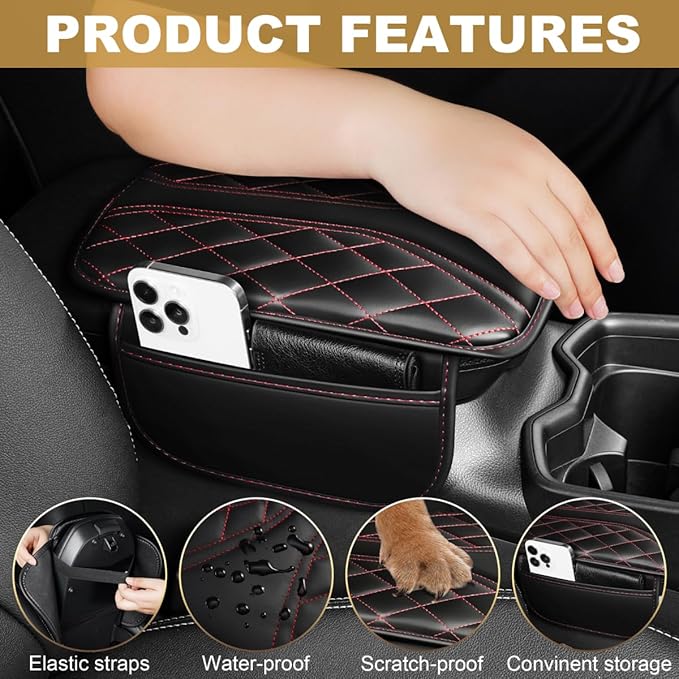 Center Console Cover Fit for Corolla Scratch & Wear Resistant Waterproof Middle Console Cover with 2 Storage Bags(Black&Redline)