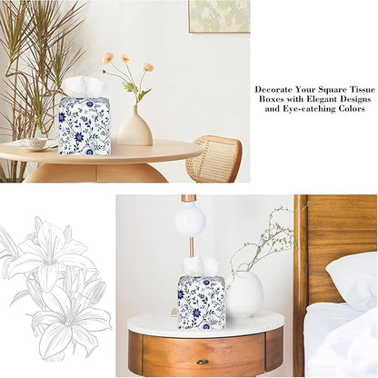 Blue and White Floral Tissue Box Cover,Abstract Boho Flowers Botanical Waterproof Leather Square Tissue Box Cover Case Facial Paper Organizer Dispenser Box Holder for Home Office Bathroom Vanity