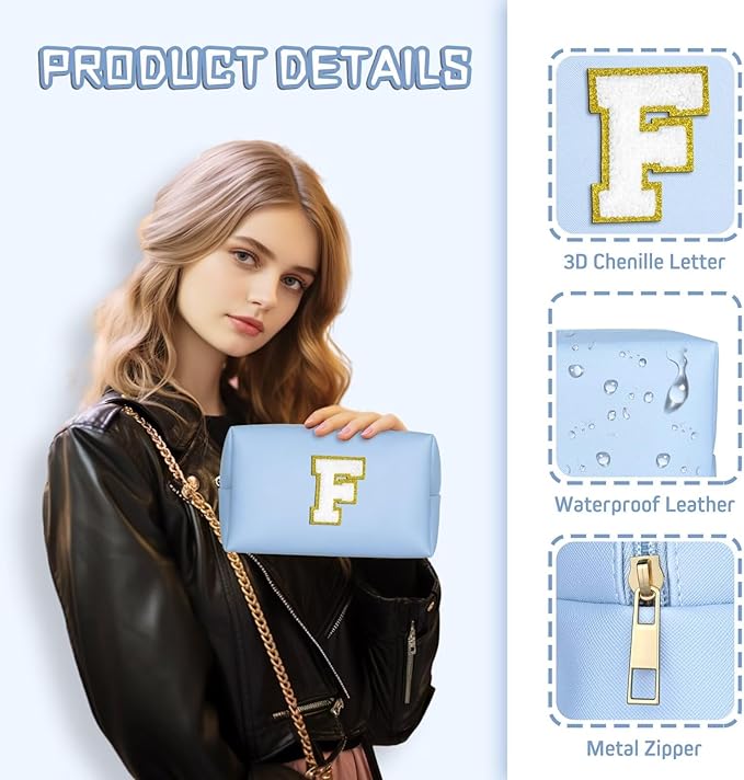 TOPEAST Birthday Gifts for Women, Personalized Initial Makeup Pouch Leather Waterproof Cosmetic Bag Birthday Gifts for Women (Sky Blue A)