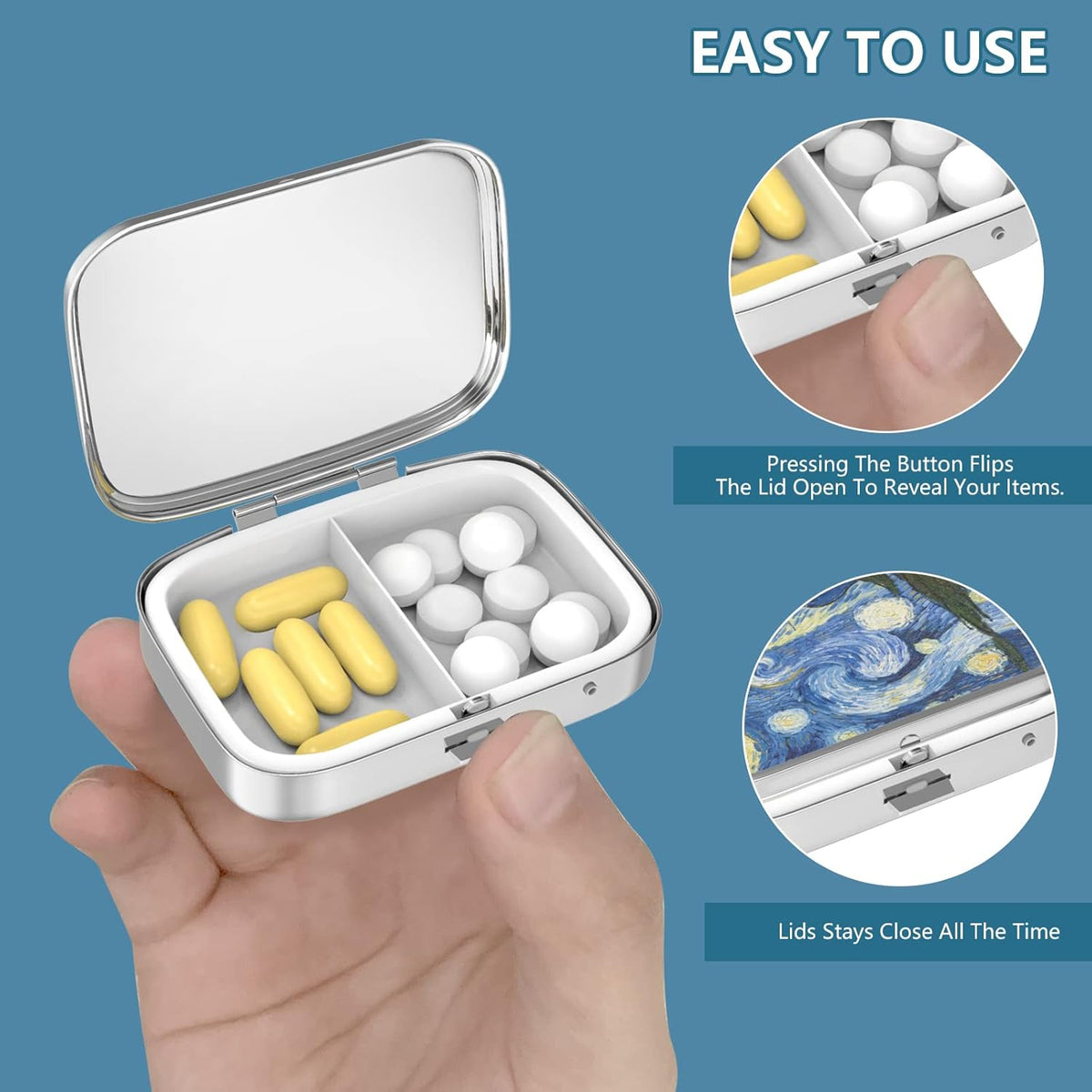 Pill Box 2 Compartment Small Pill Case,Portable for Pocket or Purse Pill Organizer Pill Container Holder to Hold Vitamins, Medication, Fish Oil and Supplements(2PCS)