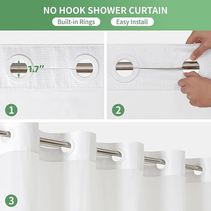 eachope Stall No Hook Shower Curtain with Snap-in Fabric Liner Set,Waffle Weave Shower Curtains for Bathroom,Hotel Luxury Decor Bathroom Curtain Set,Waterproof & Washable,White,36Wx74H