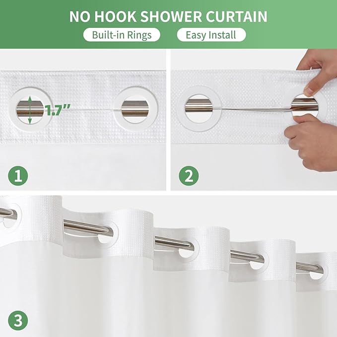 eachope Long No Hook Shower Curtain with Snap-in Fabric Liner Set,White Waffle Weave Shower Curtains for Bathroom,Hotel Luxury Decor Bathroom Curtain Set,Waterproof & Washable,71Wx80H