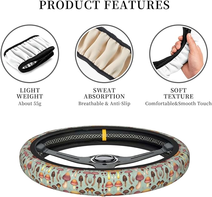 Neoprene Steering Wheel Cover Deer and Mushroom Car Steering Wheel Cover Universal Fit for Most Cars