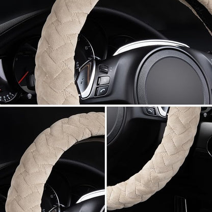 Flying Banner car Steering Wheel Cover Massage Velvet Warm Universal Size 15 inches SUV Truck Anti Slip Odorless Summer Winter (Beige, Velvet Massage)