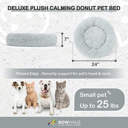 BOWHAUS 24/30 Inch Calming Donut Pet Bed for Small/Medium Cats and Dogs, Anti-Slip Bottom, Washable, Anti-Anxiety Fluffy Round Cat Bed, Indoor Shaggy Cuddler Cotton Candy Brown, Light Gray, Pink Bed