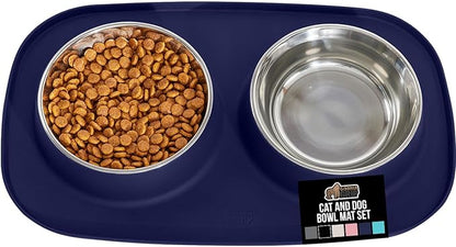 GORILLA GRIP Feeding Mat Set, 3 Cup, Patent Pending 100% Waterproof BPA Free Silicone, Stainless Steel Cat and Dog Bowls, Slip Resistant, Edges Catch Water Food, US Designed Pet Accessories, Navy Blue