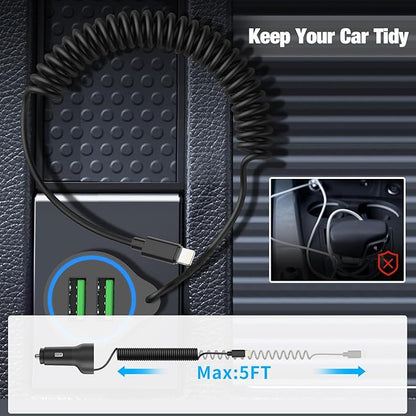 [Apple MFi Certified] USB Car Charger Plug, Aymla Dual Port Coiled Cord Auto Cigarette Lighter Adapter with 5FT Coiled Lightning Cable for iPhone 14 Pro Max/14 Plus/14/13 Pro/13 Mini/12/11/XS/XR/8