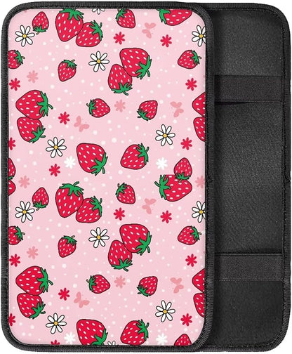 Strawberry Car Center Console Cover for Women Soft Comfy Car Arm Rest Cover Pad Universal Non-Slip Armrest Covers for Truck Van SUV