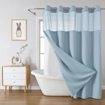 eachope Teal Long No Hook Waffle Weave Shower Curtain with snap-in Liner Replacement, 230GSM Waterproof Fabric Hotel Shower Curtain Set for Bathroom, Through Mesh Top Window,71Wx80H