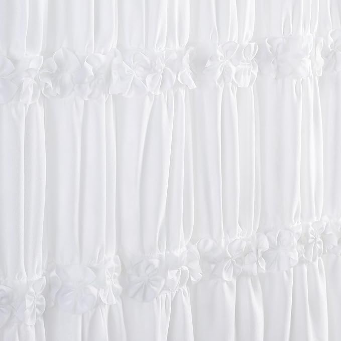 XOGUIBO Ruffle Shower Curtain with Handmade Bow Tie, White Linen Vintage Farmhouse Shower Curtain for Bathroom, 72" W x 78" H