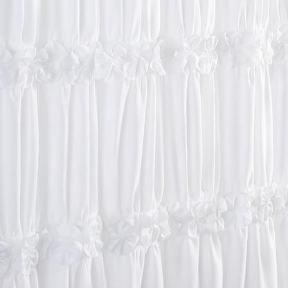 XOGUIBO Ruffle Shower Curtain with Handmade Bow Tie, White Linen Vintage Farmhouse Shower Curtain for Bathroom, 72" W x 78" H