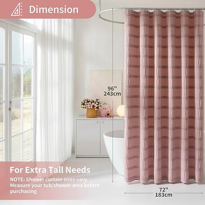 Lameirose Extra Long Pink Shower Curtain Farmhouse,72 x 96 Cotton Blend Waffle Tufted Striped Chic Textured Fabric Shower Curtain for Bathroom, Hotel, Washable
