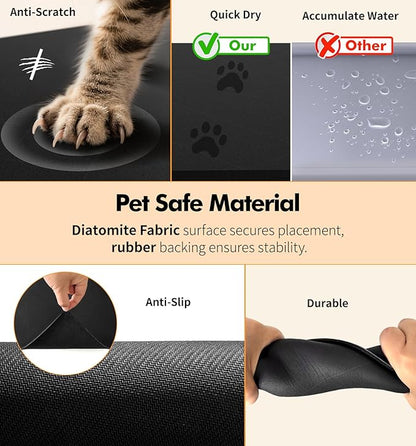 UPAWPIA Pet Food Mat Absorbent Cat Food Mat Dog Mat for Food and Water Quick Dry No Stains Dog Feeding Mat Placemat for Messy Drinkers Cat Food Mats for Indoor Cats Bowl Mat Pet Supplies 12"X20" Black