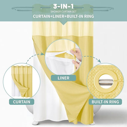 eachope Yellow No Hook Waffle Weave Shower Curtain with snap-in Liner Replacement, 230GSM Waterproof Fabric Hotel Shower Curtain Set for Bathroom, Through Mesh Top Window,71Wx74H