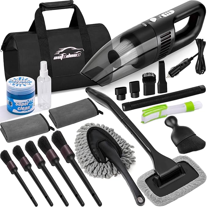 AUTODECO Car Cleaning Kit, Car Vacuum Interior Detailing Cleaner Kit with High Power Handheld Vacuum, Brush Set, Windshield Tool, Duster, Towels, Complete Car Care Tools for Women (Black)
