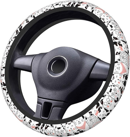 Black and White Cat Steering Wheel Cover Women Men Pink Elastic Stretch Soft Car Wheel Protector Universal Breathable No-Slip Car Accessories for Truck Van SUV Auto Fit 14-15 Inches
