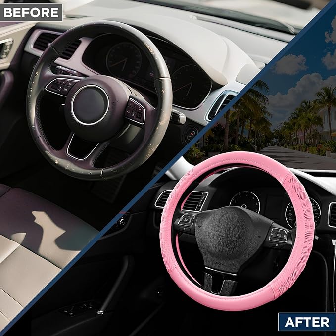 PIC AUTO Massage Steering Wheel Cover, Pink Football Pattern Material Spliced & Pink Leather Car Steering Wheel Cover, Car Steering Cover, Universal Fit 14.5"-15.5" for Cars, Trucks, Van, SUVs