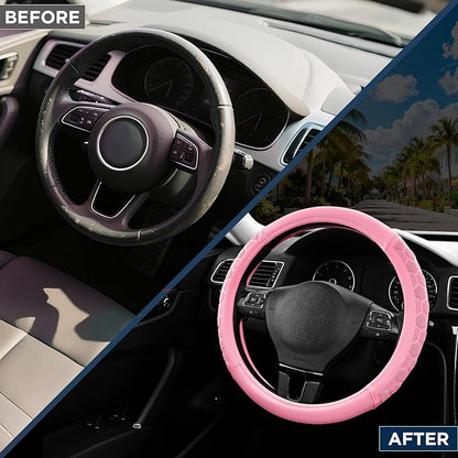 PIC AUTO Massage Steering Wheel Cover, Pink Football Pattern Material Spliced & Pink Leather Car Steering Wheel Cover, Car Steering Cover, Universal Fit 14.5"-15.5" for Cars, Trucks, Van, SUVs