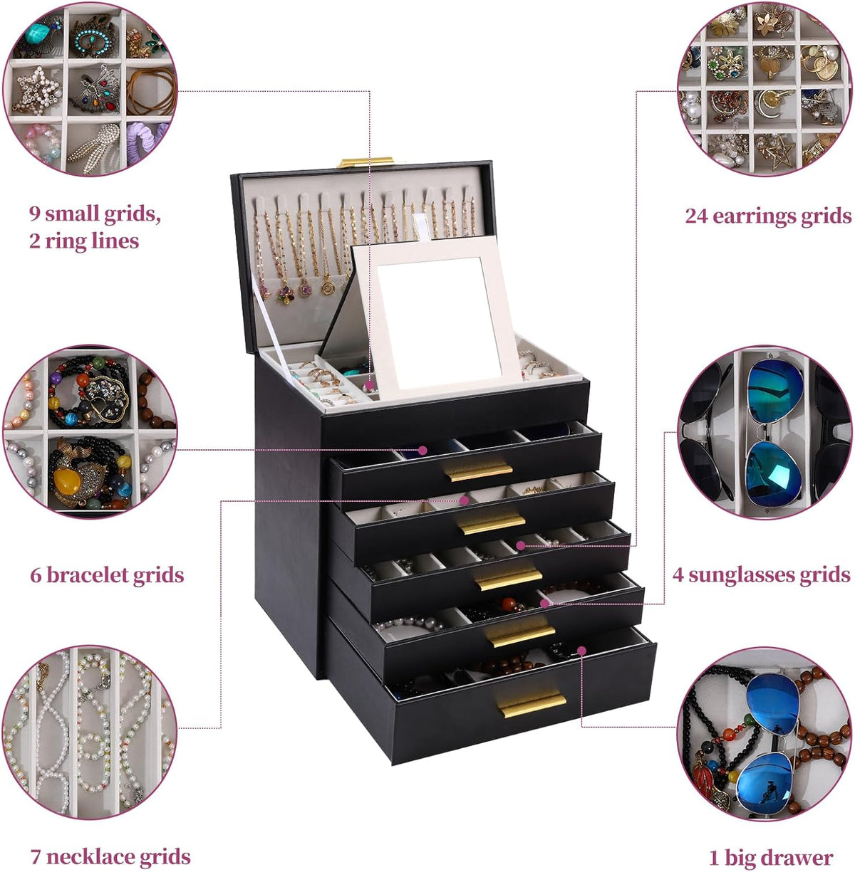 BOOVO Jewelry Box with Necklace Hanger – Jewelry Organizer for Women with 5 Drawers, Large Jewelry Storage Boxes –Jewelry Organizers and Storage for Earrings, Necklaces (Black, 6 layer)
