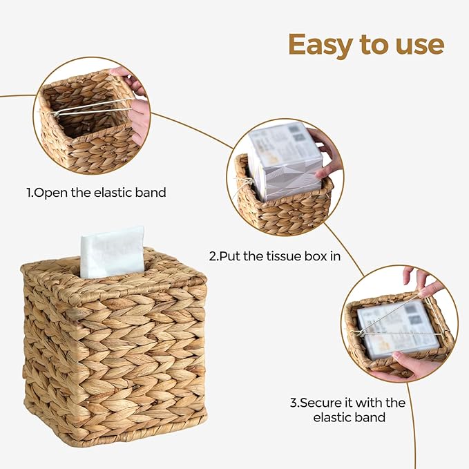 KALEKAIL 2 Pack Rattan Tissue Box Cover, Wicker Tissue Box Holder Square, Boho Decorative Woven Water Hyacinth Cube Tissue Holders for Bathroom Living Room Kitchen