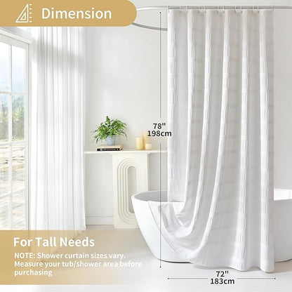 Lameirose Extra Long White Shower Curtain Farmhouse,72 x 78 Cotton Blend Waffle Tufted Striped Chic Textured Fabric Shower Curtain for Bathroom, Hotel, Washable