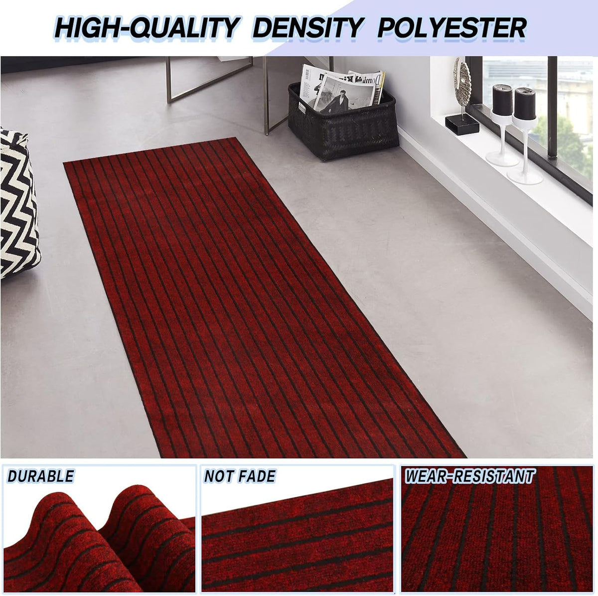 Custom Size Backed Non-Slip Area Rugs Runner, Easy Clean, Waterproof Runner Rugs for Hallway Entryway, Kitchen, Laundry, 2FT x 65FT, Red Stripe