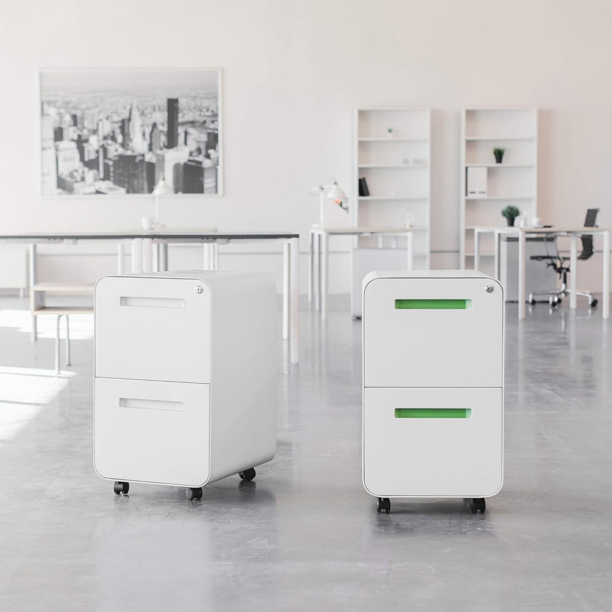 Laura Davidson Furniture Stockpile 2 Drawer Mobile File Cabinet with Lock - Under Desk Metal Filing Cabinet, Legal/Letter File Folders, Wheels and Stationary Feet, Pre-Assembled, White