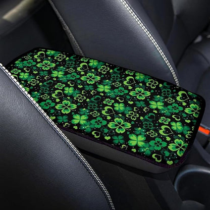 UNICEU St Patrick's Day Decor Automobile Interior Decor Lucky Green Leaf Print Armrest Cover for Women, Soft Car Center Console Armrest Protector Cover Pad