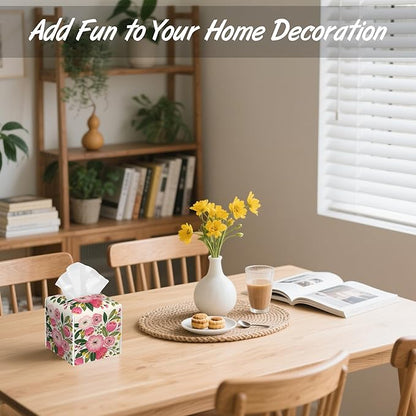 Spring Flowers Bouquet Tissue Box Cover Square,Tissue Box Holder with Belt Bottom,Stylish Leather Napkin Holder for Vanity Countertop,Nightstands,Office Desk,5.2"×5.2"×5.2"