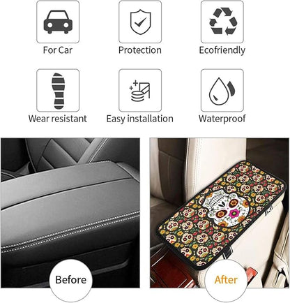 Universal Car Center Console Cushion Pad, Sugar Skull Soft Waterproof Car Center Console Cover Auto Armrest Seat Box Cover Protector for Most Vehicle SUV Truck Car