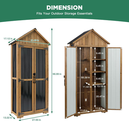 Outdoor Storage Cabinet, Wood & Metal Storage Shed with Weather-Resistant Roof, Adjustable Shelf, Lockable Doors & Adjustable Feet, for Garden, Patio, Backyard, 27.5" x 13" x 67" (Brown+Black)