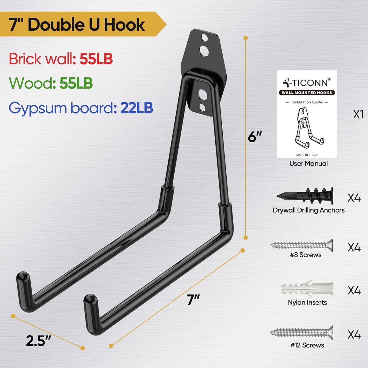 TICONN 2 Pack Heavy Duty Garage Hooks, Steel Utility Wall Storage Hooks, Wall Mount Hanger Organizer for Ladders, Bikes, Tools, Bulky Items (Large, Orange Square)