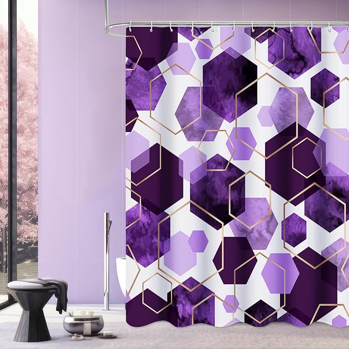 Litabel Modern Long Shower Curtain for Bathroom, Purple Geometric Art Decor Waterproof Bath Curtain, Abstract Fabric Shower Curtain Sets for Home Decor, 72x78 Inch