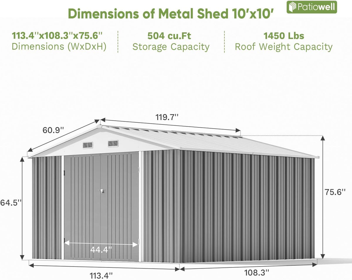 Patiowell 10' x 10' Metal Storage Shed for Outdoor, Steel Yard Shed with Design of Lockable Doors, Utility and Tool Storage for Garden, Backyard, Patio, Outside use, Grey