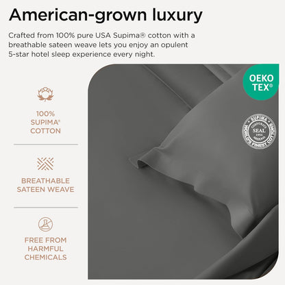 Threadmill Supima Cotton Sheets Queen | 656 Thread Count Queen Sheets for Queen Mattress | 4 Piece Luxury Bed Sheets | Sateen Weave Hotel Quality Sheet with Elasticized Deep Pocket | Dark Grey Sheet