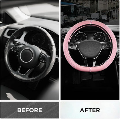 Road Comforts Leopard Steering Wheel Cover - Made with PVC Leather Cheetah Print, D-Shaped Automotive Steering Wheels - Anti-Slip, Universal Fit 14 1/2 inches to 15 inches - Full Pink