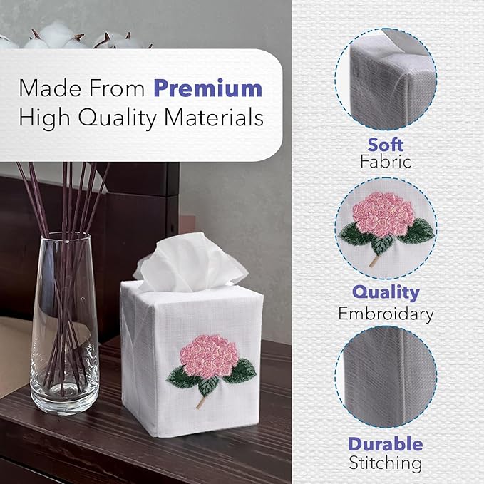 Jacaranda Living Square Tissue Box Cover, Linen/Cotton Fabric Tissue Holder, Decorative Cloth Tissue Cube Cover, Nature Designs Three Napoleon Bees (Duck Egg Blue)
