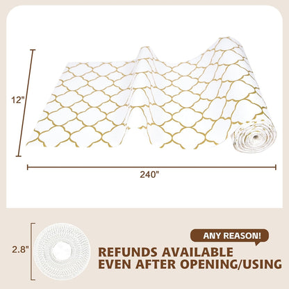 Shelf Liners for Kitchen Cabinets 12in x 30FT Non Adhesive Drawer Liner Gold Quatrefoil Thickened Shelf Liner Paper Strong Non-Slip Easy to Clean for Tool Box Refrigerator with Knife and Tape Measure