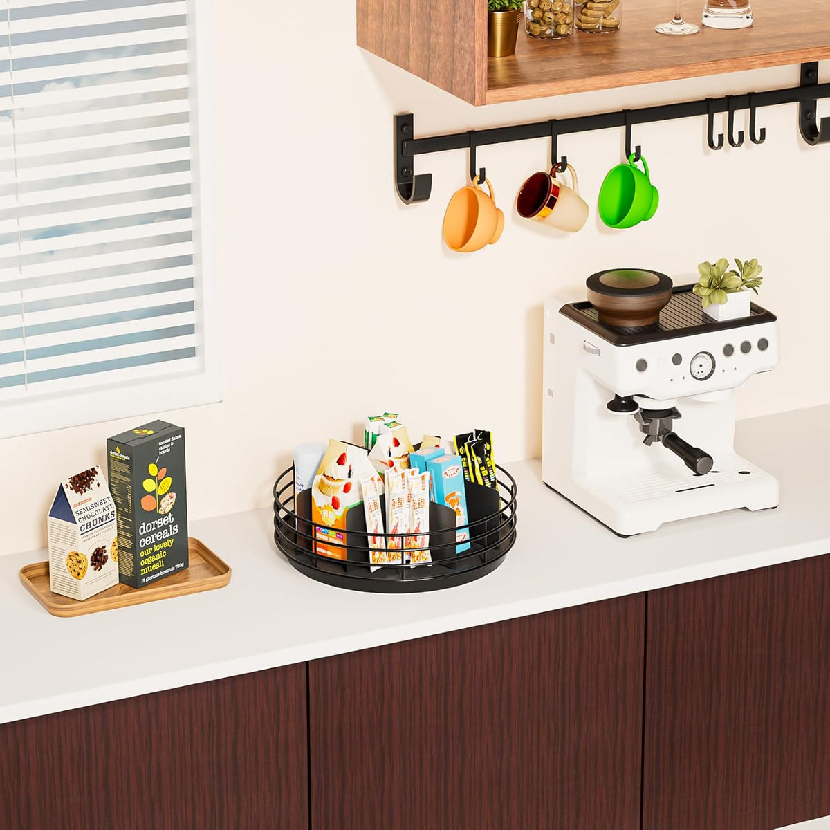 Snack Organizer - Versatile Snack Storage, Lazy Susan with Convenient Grab-and-Go Design, Metal Snack Holder for Home, Office, Breakroom, 11.85" L x 11.85" W x 4.17" H (Matte Black)