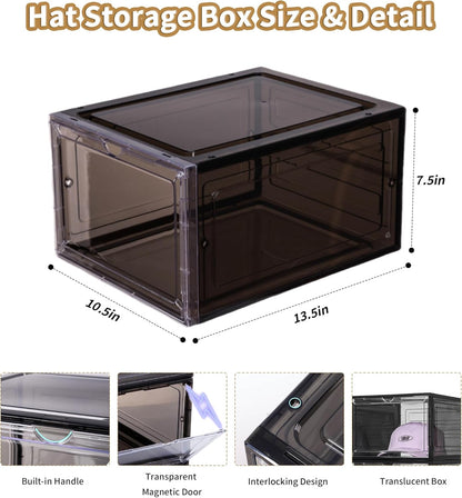 Hat Organizer for Baseball Caps,set of 6, Transparent Storage Box Hat Holder With Clear Magnetic Door, Stackable Rack, Easy to Assemble Stylish Display(13.5 "x 10.6" x 7.5 ")