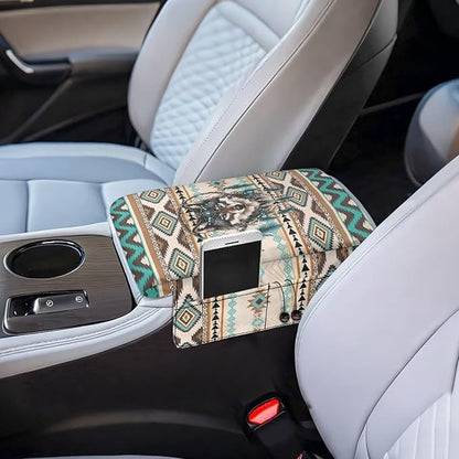 Wanyint Aztec Wolf Dream Catcher Auto Center Console Pad Non-Slip Armrest Cover Cushion Lid Wear-Resistant Arm Rest Cushion Protector for Car Seat Organizer Universal Fit for Most Vehicles