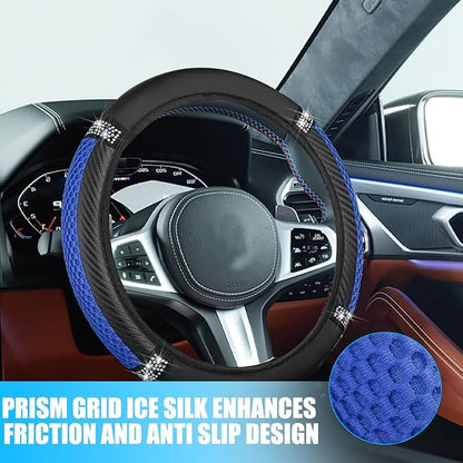 Bling Car Steering Wheel Cover, 15 Inch Elastic Stretch Crystal Rhinestone Vehicle Steering Wheel Protector, Anti-Slip Auto Interior Protective Cover, Universal for SUV RV Truck (Blue)