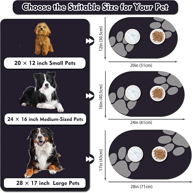 METEOROCK Pet Feeding Mat – 20''x12'' Absorbent Dog Food Mat, Pet Water Mats Protect Floor, No Stains Quick Dry Bowl Mats, Non-Slip Rubber Base Pets Placemats for Food and Water, Black Paw