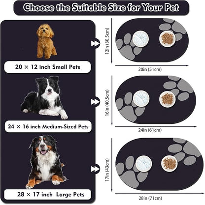 METEOROCK Pet Feeding Mat – 20''x12'' Absorbent Dog Food Mat, Pet Water Mats Protect Floor, No Stains Quick Dry Bowl Mats, Non-Slip Rubber Base Pets Placemats for Food and Water, Black Paw