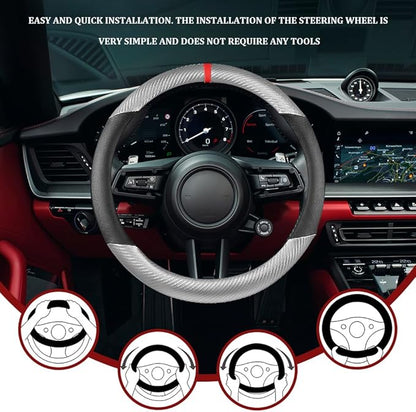 Car Steering Wheel Cover, Steering Wheel Accessories, 15 Inch Microfiber Leather Carbon Fiber Soft Anti-Slip Breathable, Car Accessories Elastic Non-Slip Cover for Most Vehicles (Gray Silver)